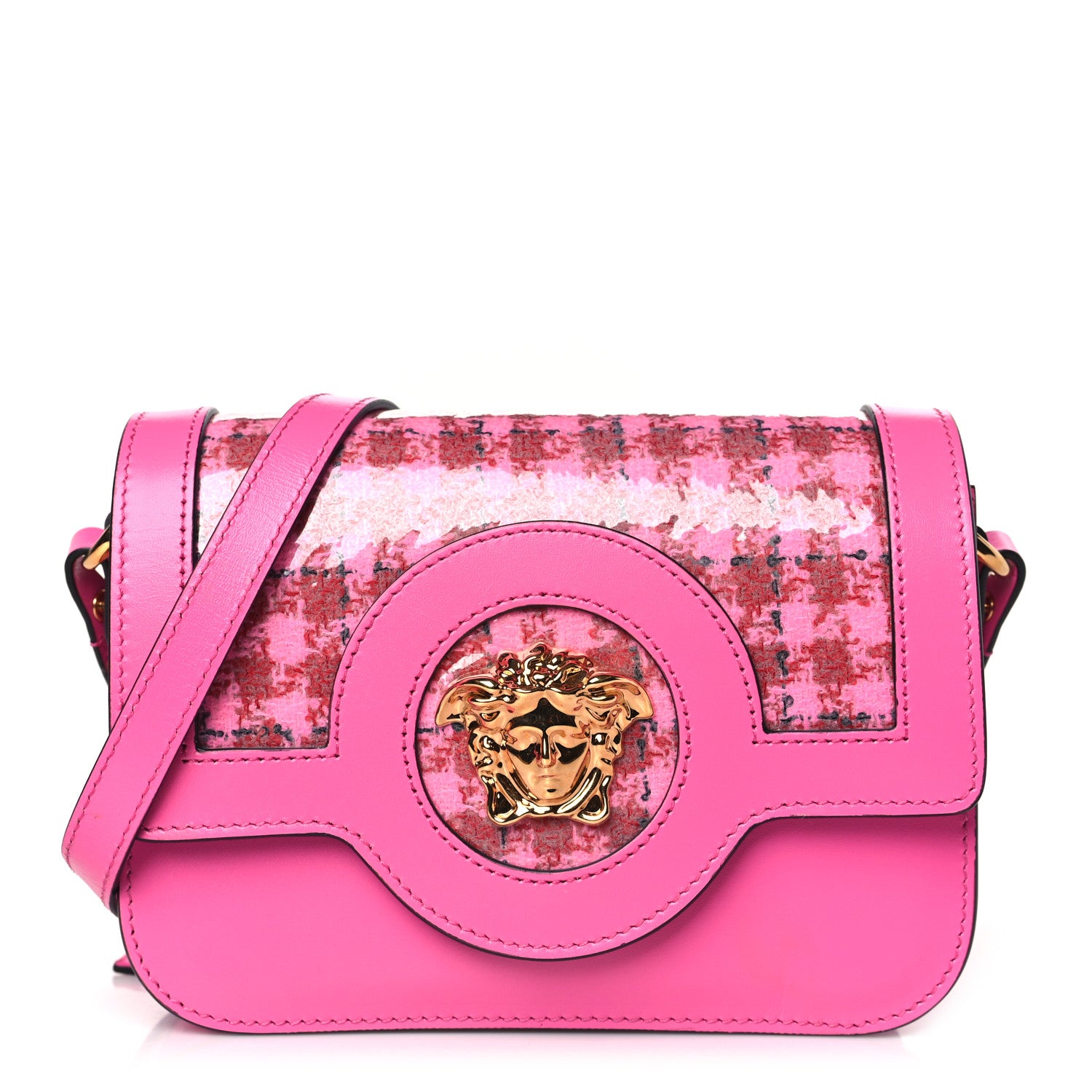 Versace Calfskin Vinyl Small Houndstooth La Medusa Crossbody Bag Pink Multicolor 1 of 10