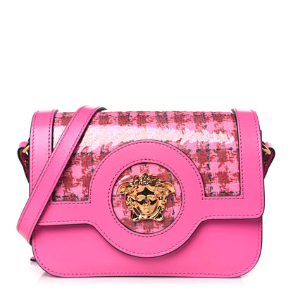 Versace Calfskin Vinyl Small Houndstooth La Medusa Crossbody Bag Pink Multicolor 1 of 10