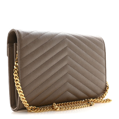 Saint Laurent Grain De Poudre Matelasse Chevron Monogram Chain Wallet Dark Beige 3 of 12