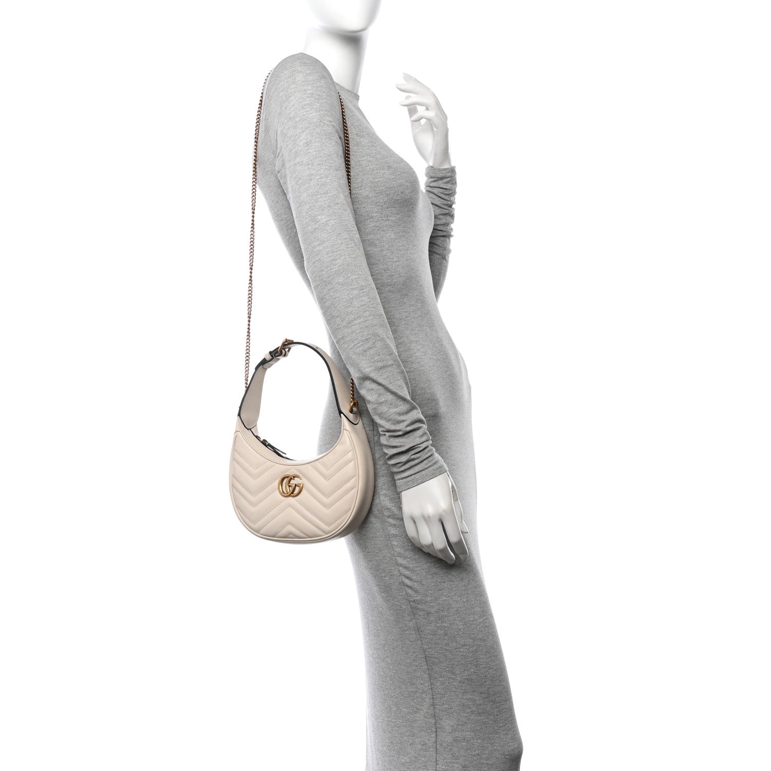Gucci Calfskin Matelasse Chevron Mini GG Marmont Half Moon Hobo Mystic White 2 of 10