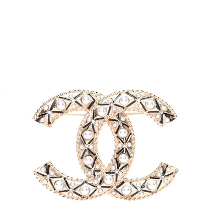 Chanel Pearl Crystal CC Brooch Gold 1 of 7