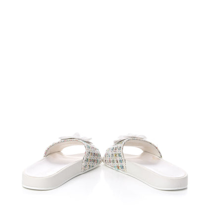Chanel Tweed Grosgrain Camellia Flat Sandals 37 Ivory Ecru Green 5 of 10