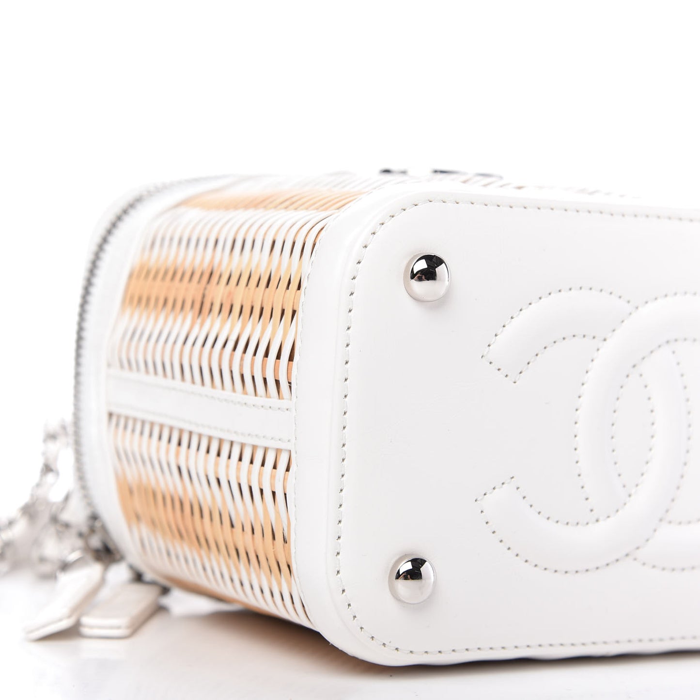 Calfskin Raffia Small Vanity Case Bag White Beige