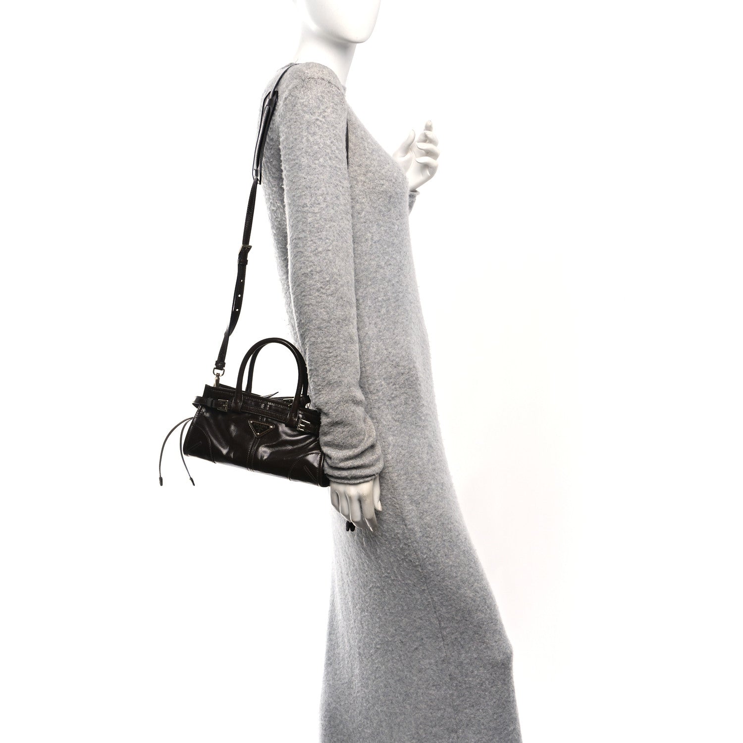 Prada Glossy Calfskin Triangle Mini Bonnie Shoulder Bag Moro 2 of 9