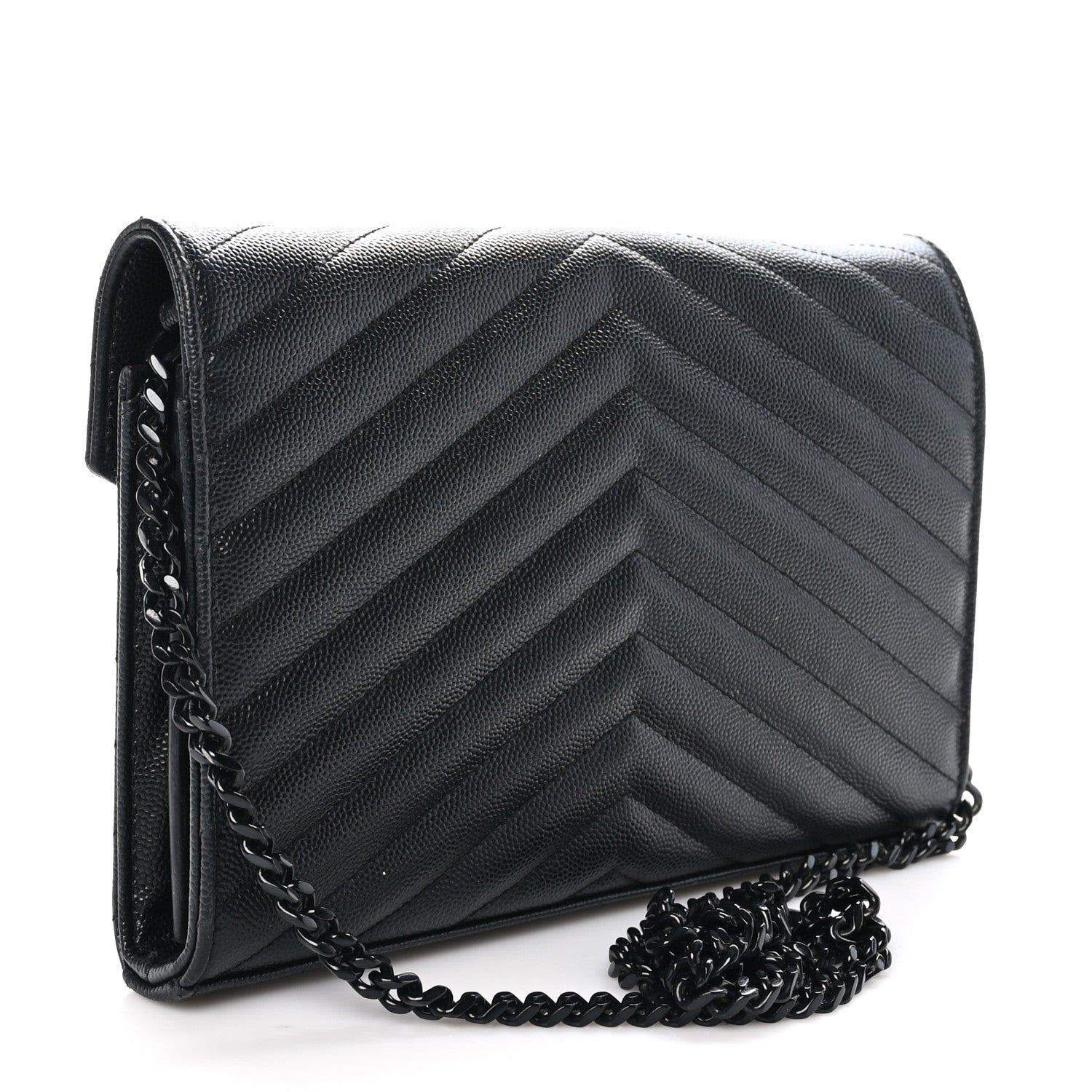 Saint Laurent Grain De Poudre Matelasse Chevron Monogram Monochrome Chain Wallet Black 3 of 9