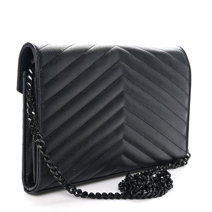 Saint Laurent Grain De Poudre Matelasse Chevron Monogram Monochrome Chain Wallet Black 3 of 9