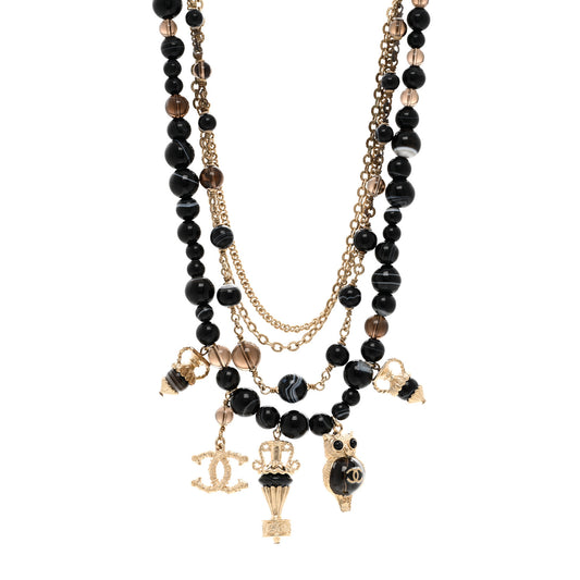 Resin Glass CC Beaded Charms Multi Strand Short Necklace Gold Black