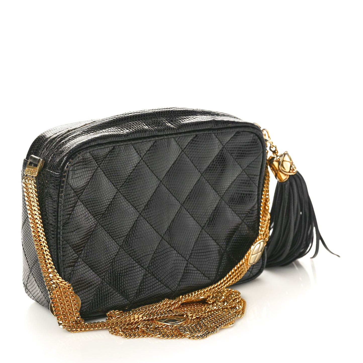 Lizard Quilted Small Tassel Camera Case Black