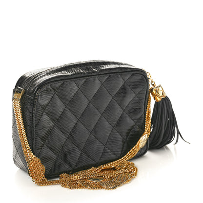 Chanel Lizard Quilted Small Tassel Camera Case Black 3 of 12