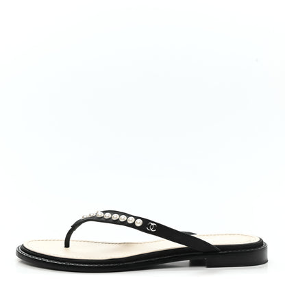 Chanel Suede Pearl Thong Sandals 39 Black 1 of 10