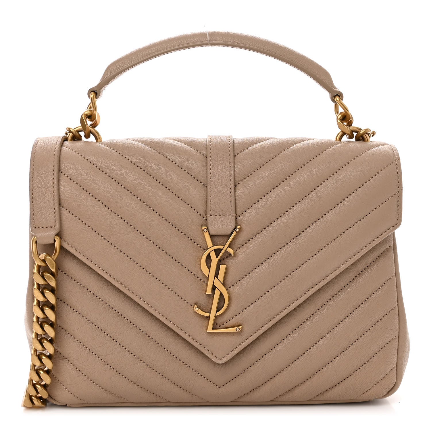Saint Laurent Sheepskin Matelasse Chevron Monogram Medium College Bag Dark Beige 1 of 9