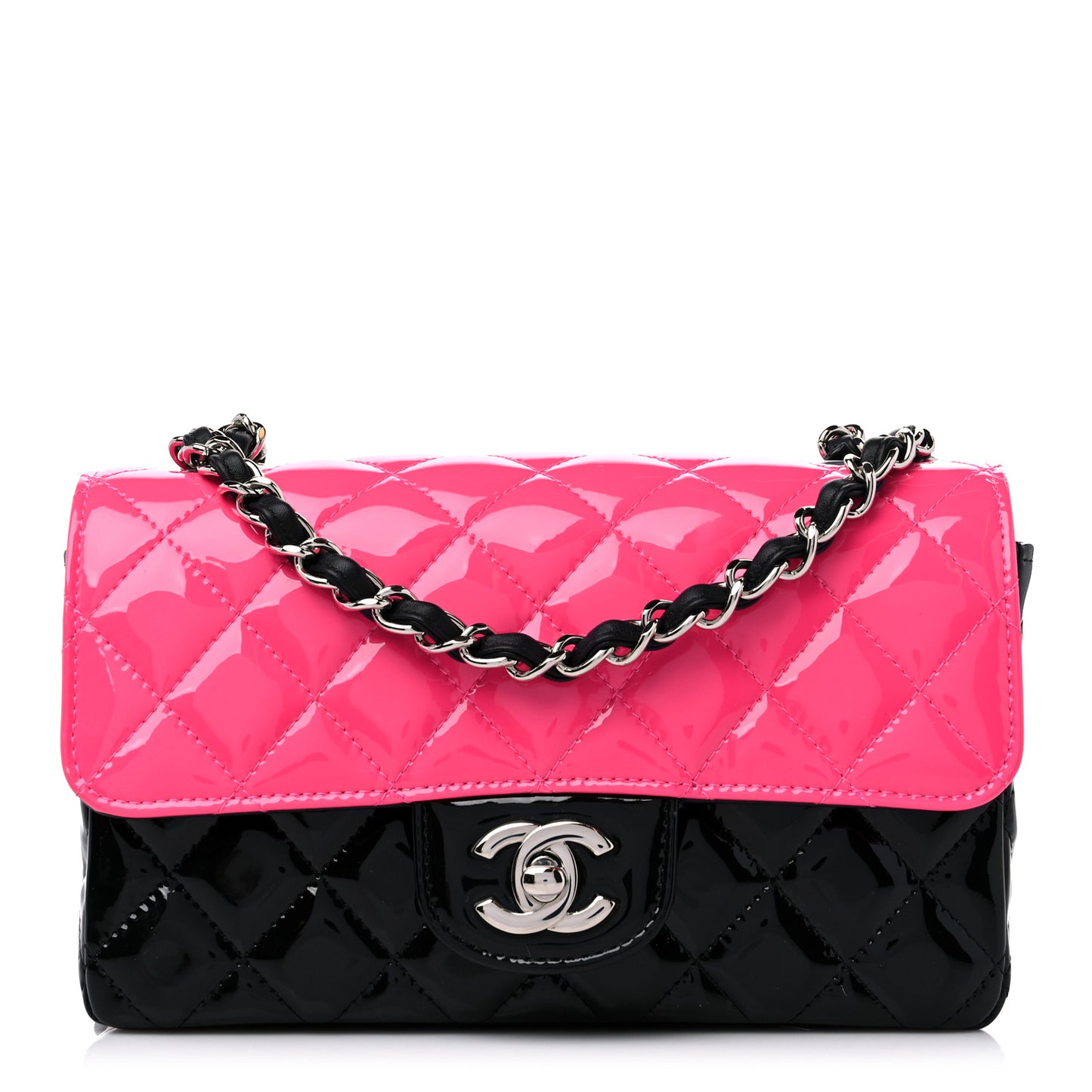 Patent Calfskin Quilted Bi-Color Mini Rectangular Flap Pink Black