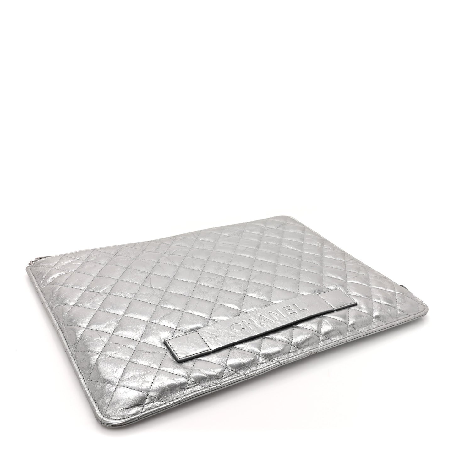 Metallic Crumpled Calfskin Quilted Large Slide Pouch Silver