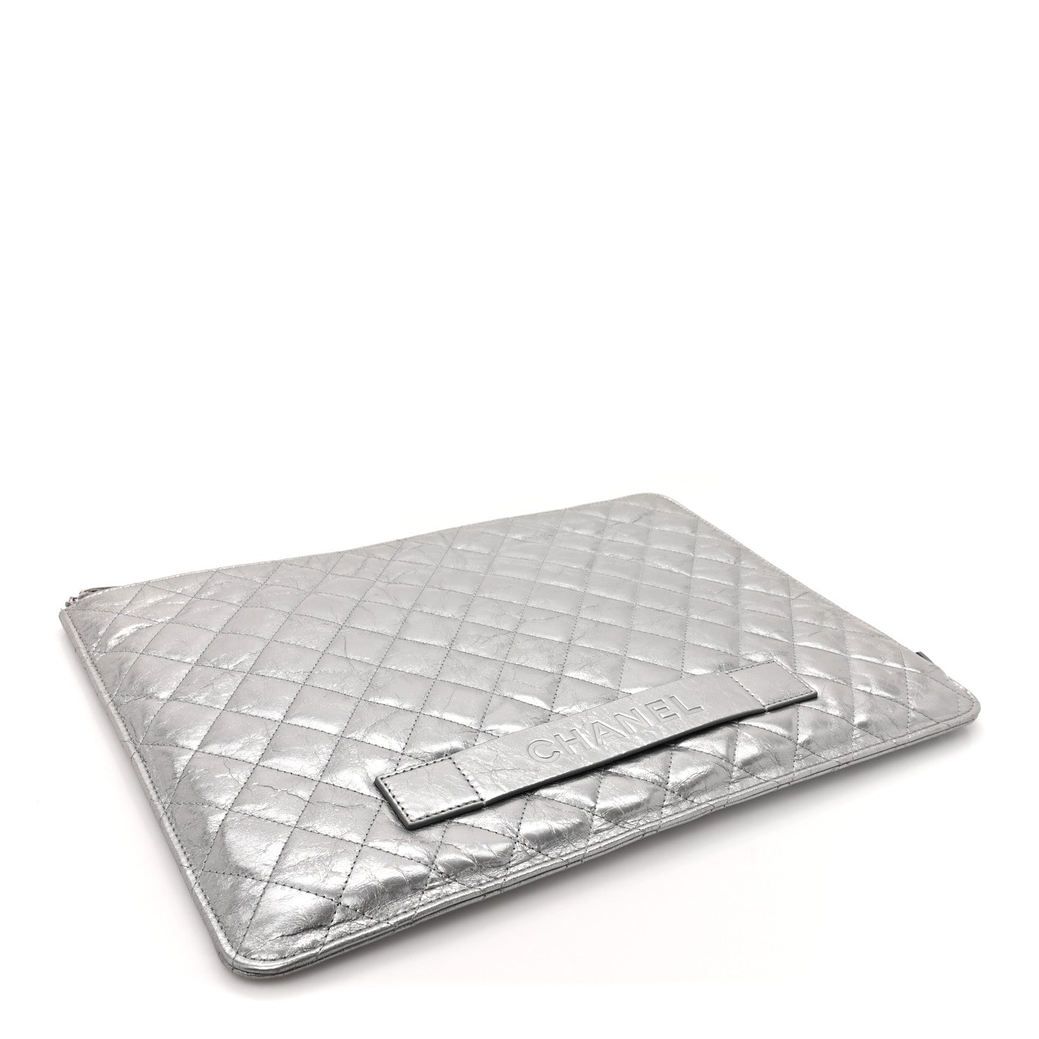 Chanel Metallic Crumpled Calfskin Quilted Large Slide Pouch Silver 4 of 13
