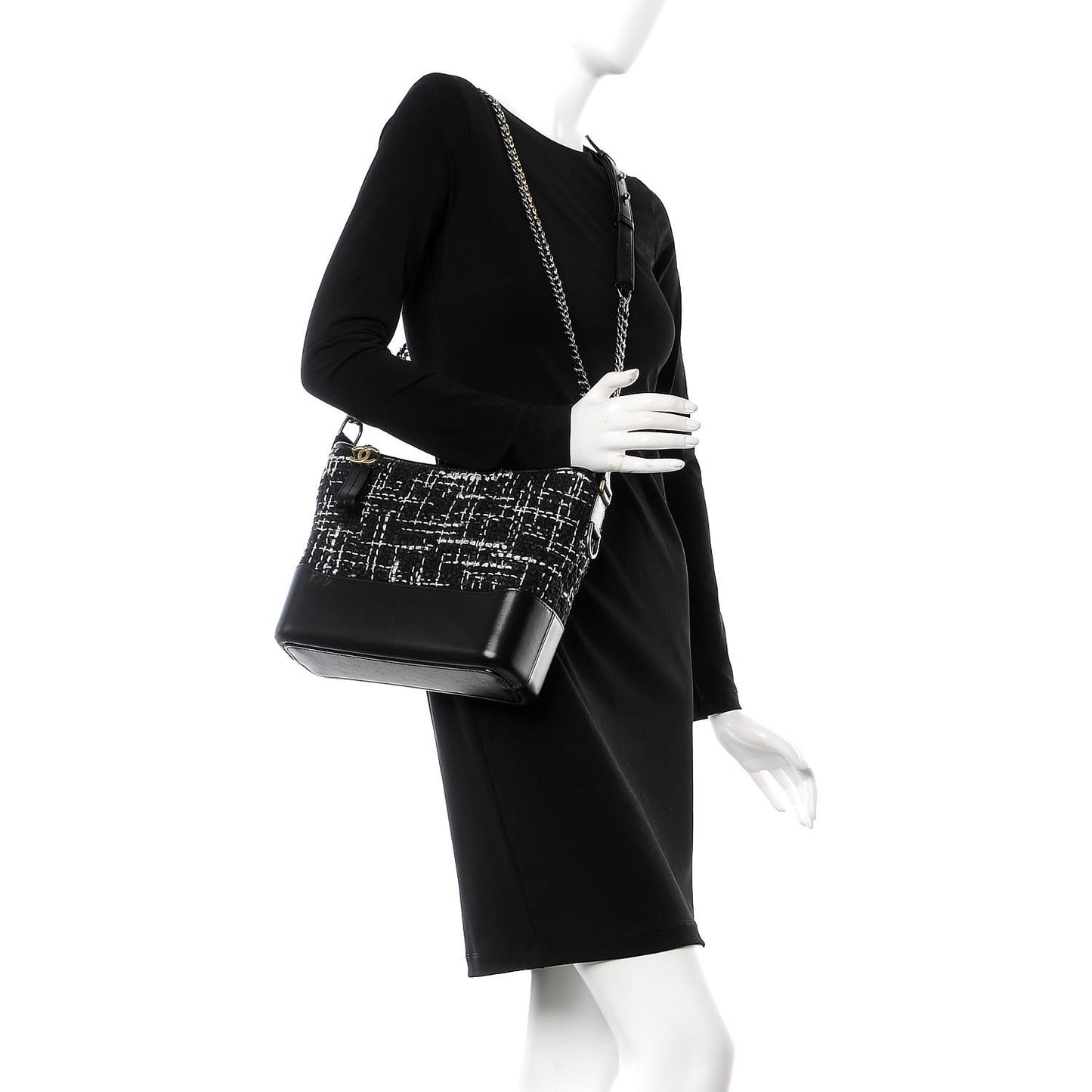 Tweed Calfskin Quilted Medium Gabrielle Hobo Black White