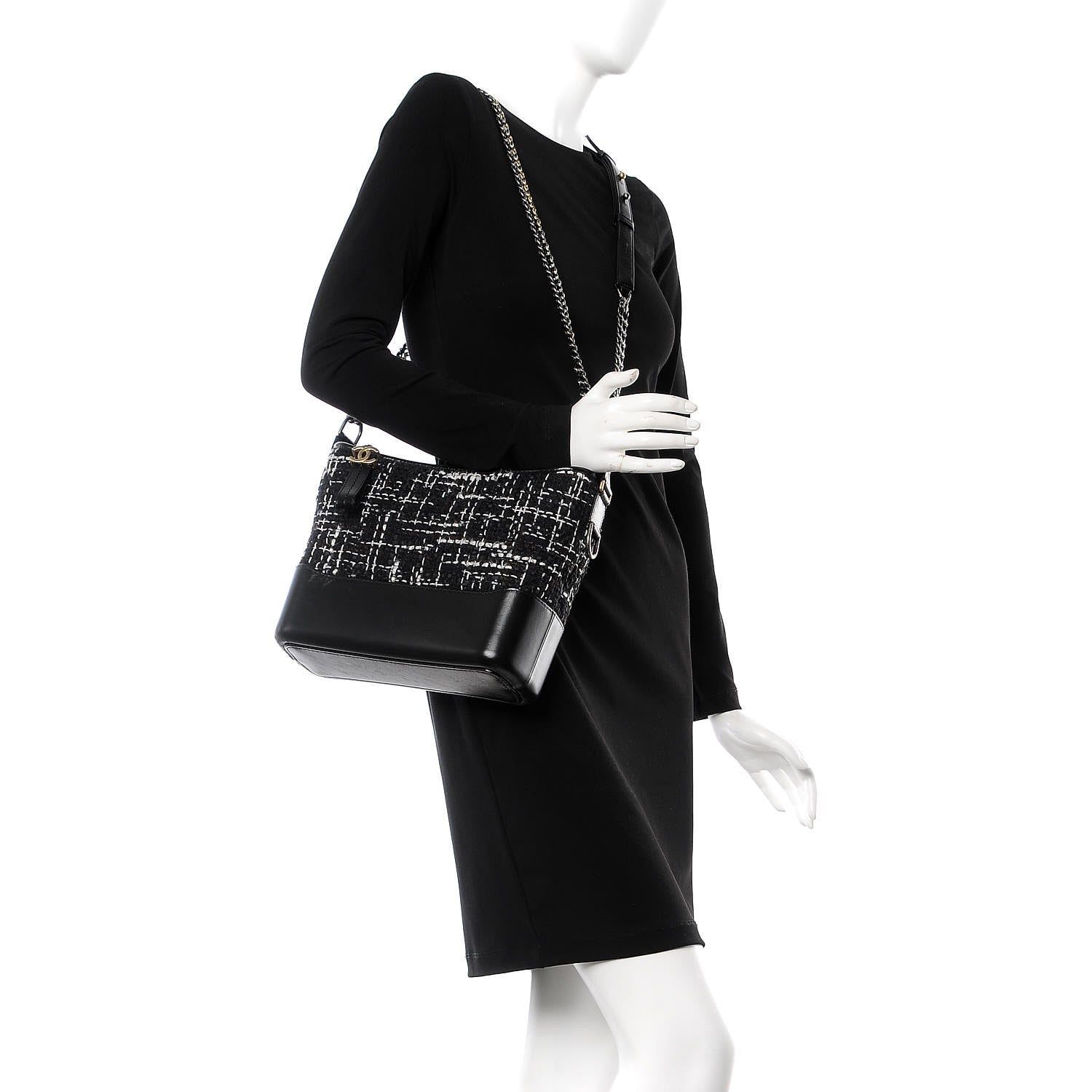 Chanel Tweed Calfskin Quilted Medium Gabrielle Hobo Black White 2 of 8