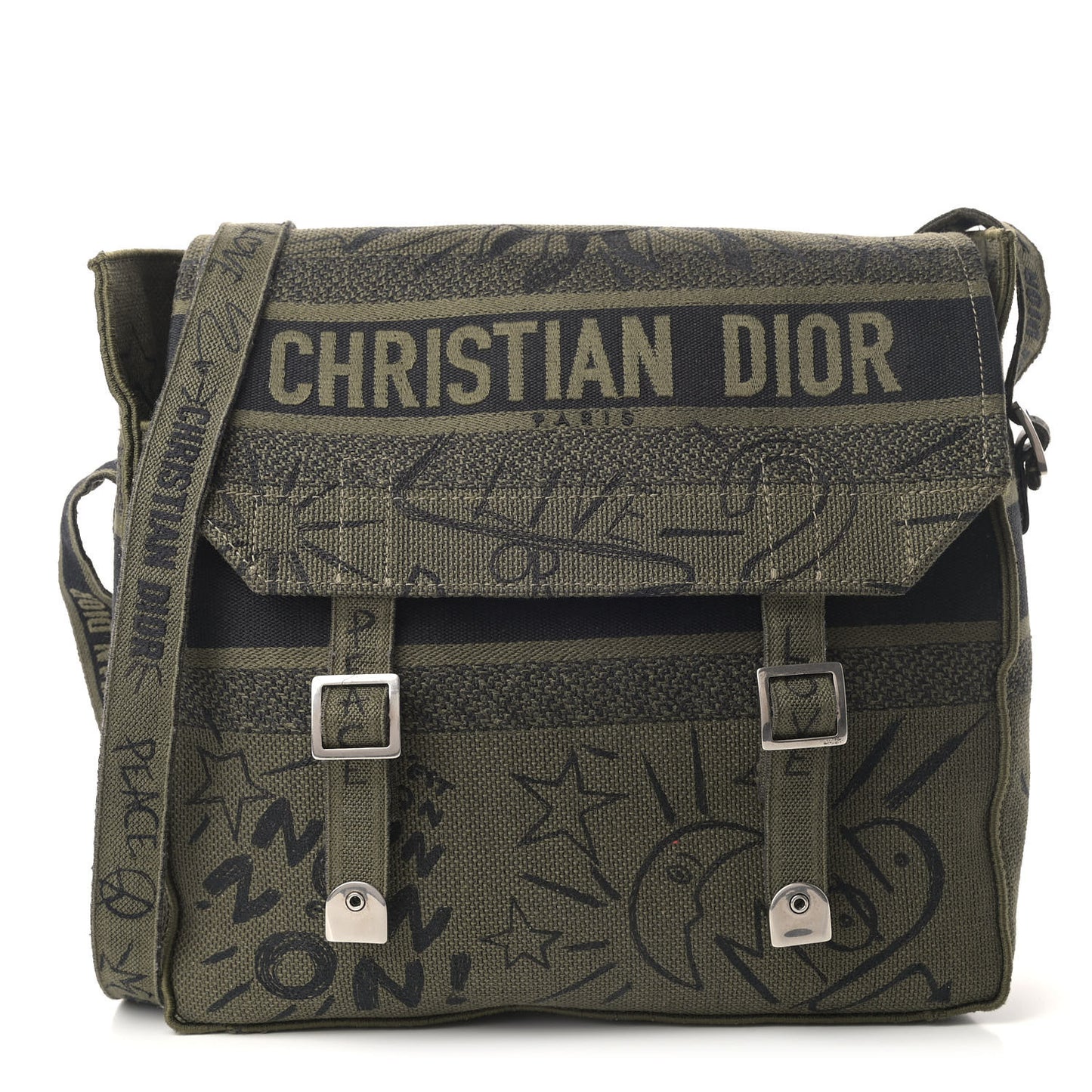 Canvas Embroidered Graffiti Diorcamp Messenger Green Black