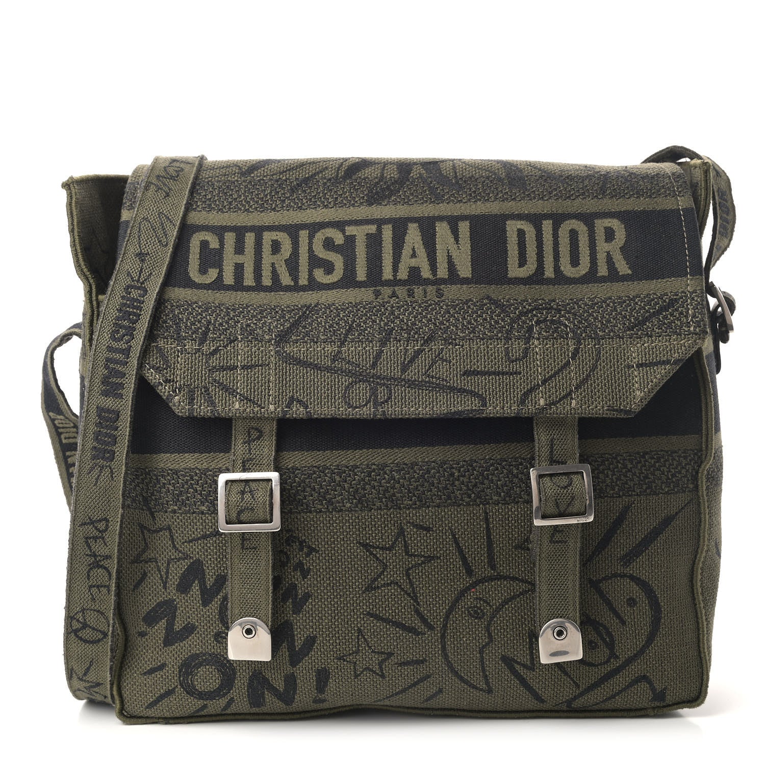 Christian Dior Canvas Embroidered Graffiti Diorcamp Messenger Green Black 1 of 4