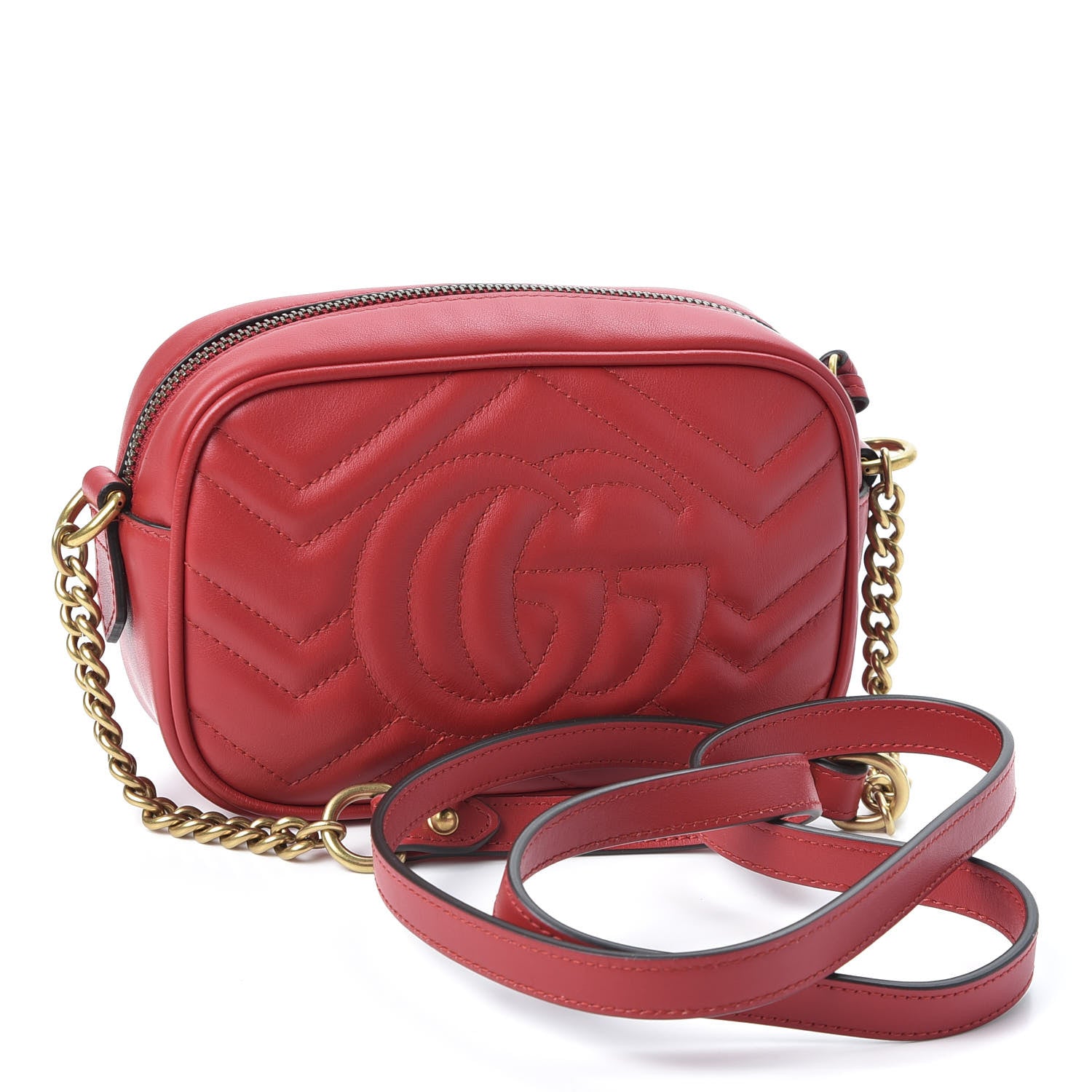 Gucci Calfskin Matelasse Mini GG Marmont Chain Shoulder Bag Hibiscus Red 2 of 9