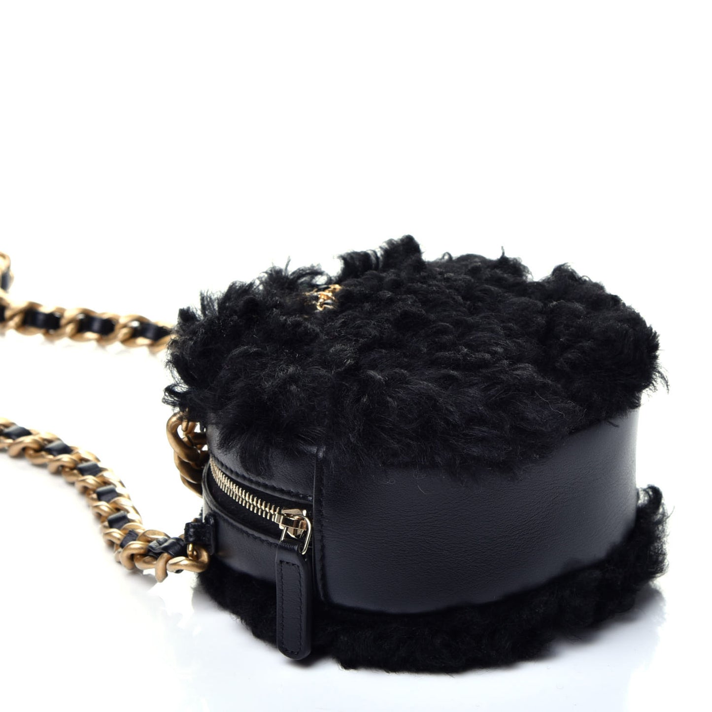 Shearling Sheepskin Chanel 19 Round Clutch With Chain Black
