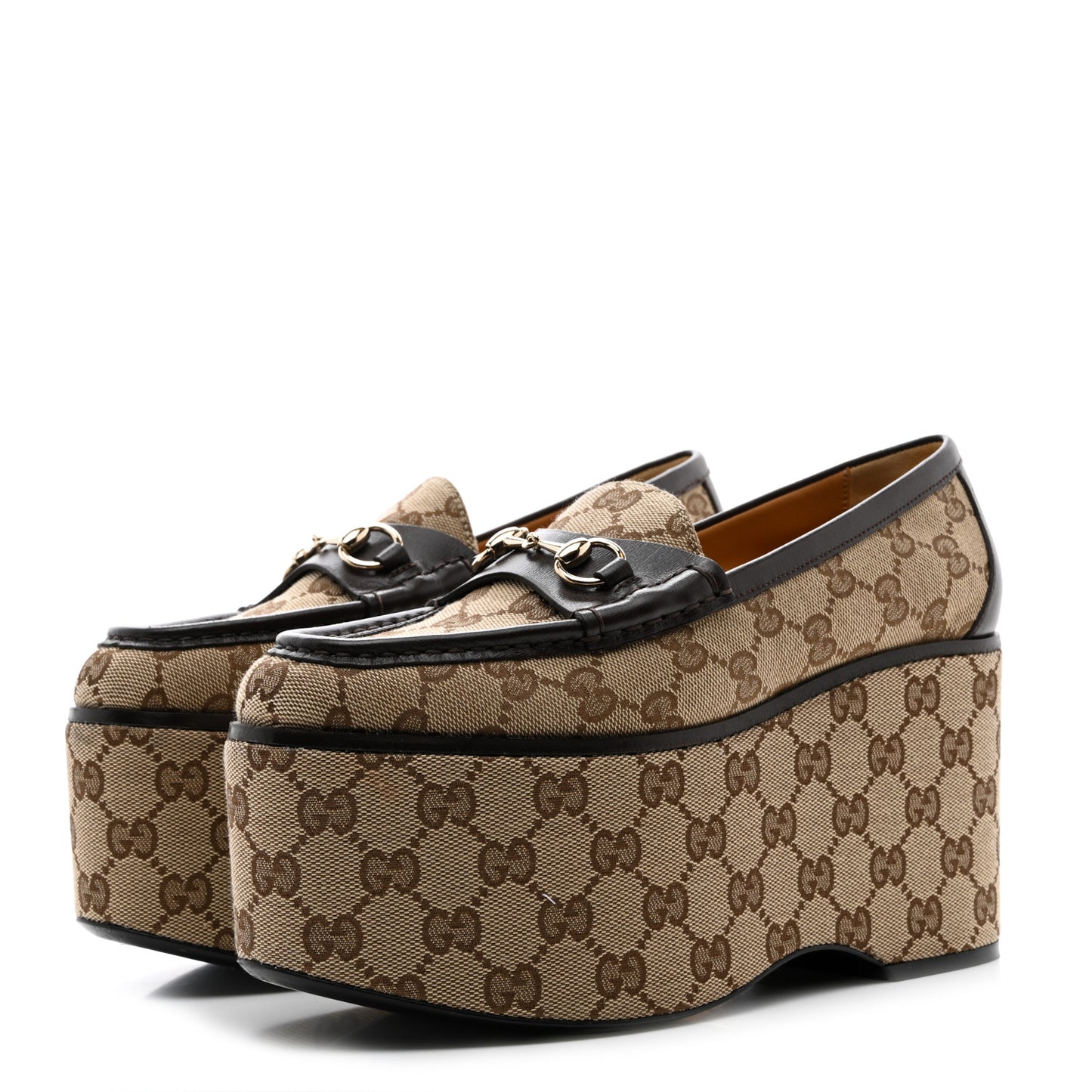 Canvas GG Monogram Womens Horsebit Platform Loafers 37 Beige Ebony Cocoa