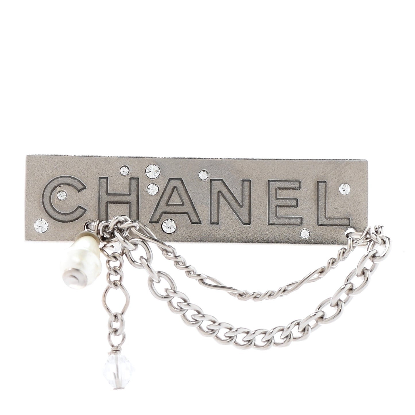 Crystal Pearl Chain Logo Brooch Silver