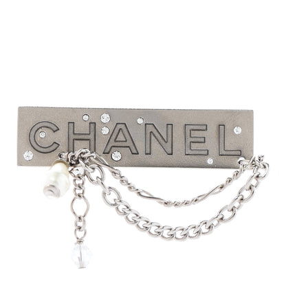 Chanel Crystal Pearl Chain Logo Brooch Silver 1 of 5