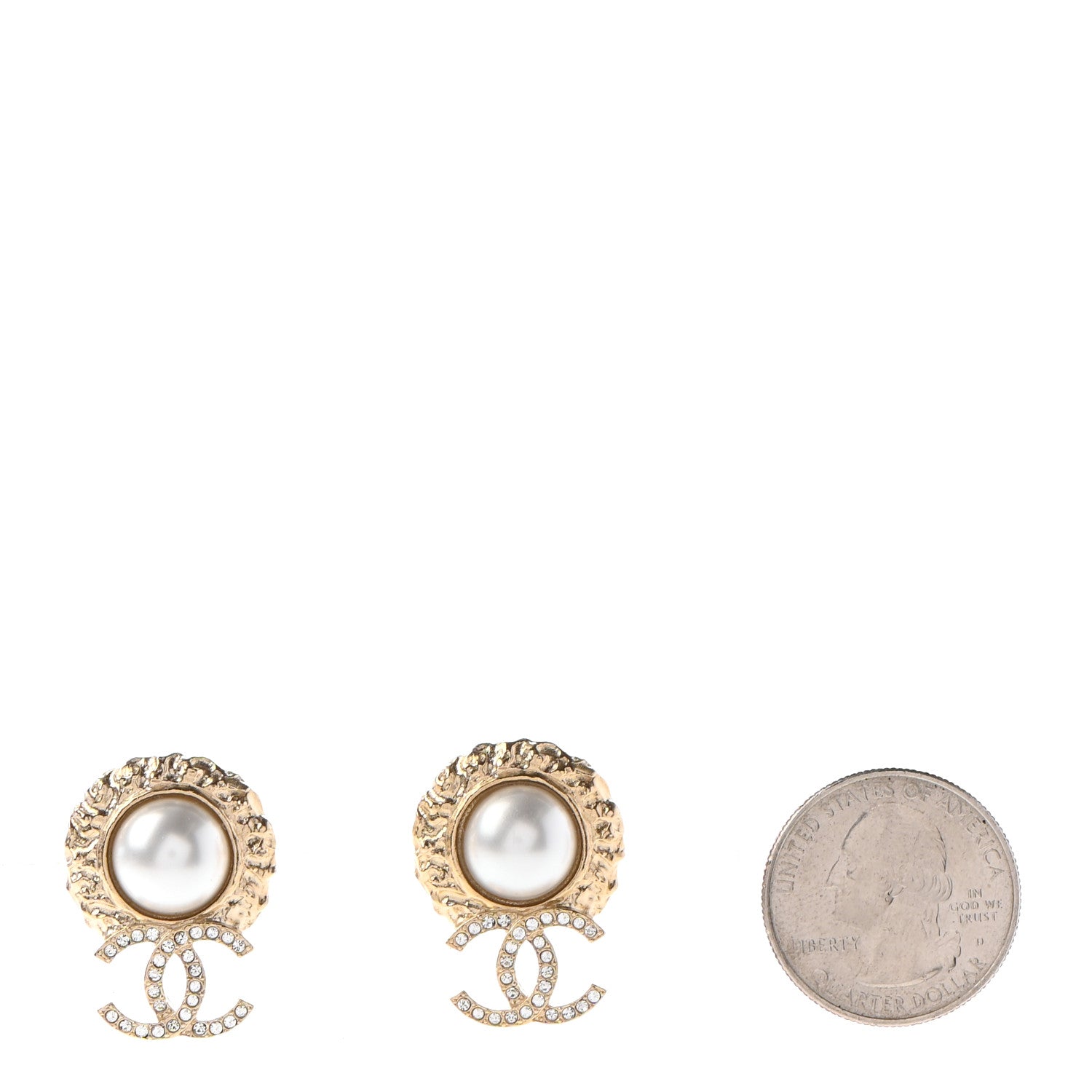Chanel Crystal Pearl Textured CC Round Drop Earrings Gold 2 of 4