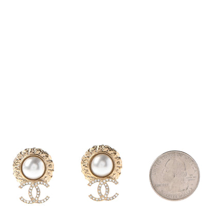 Chanel Crystal Pearl Textured CC Round Drop Earrings Gold 2 of 4