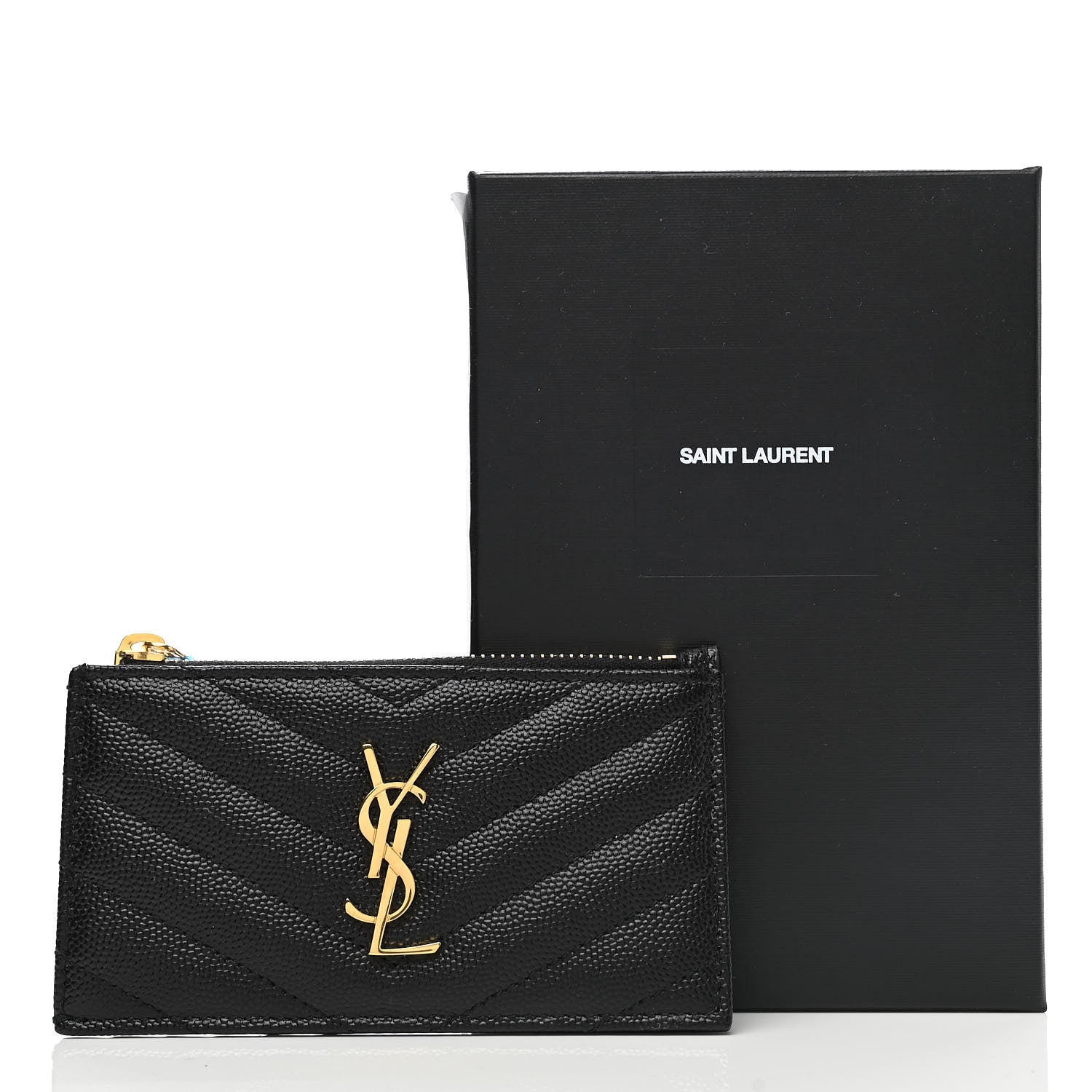 Saint Laurent Grain De Poudre Matelasse Chevron Monogram Fragments Zippered Card Case Black 8 of 8