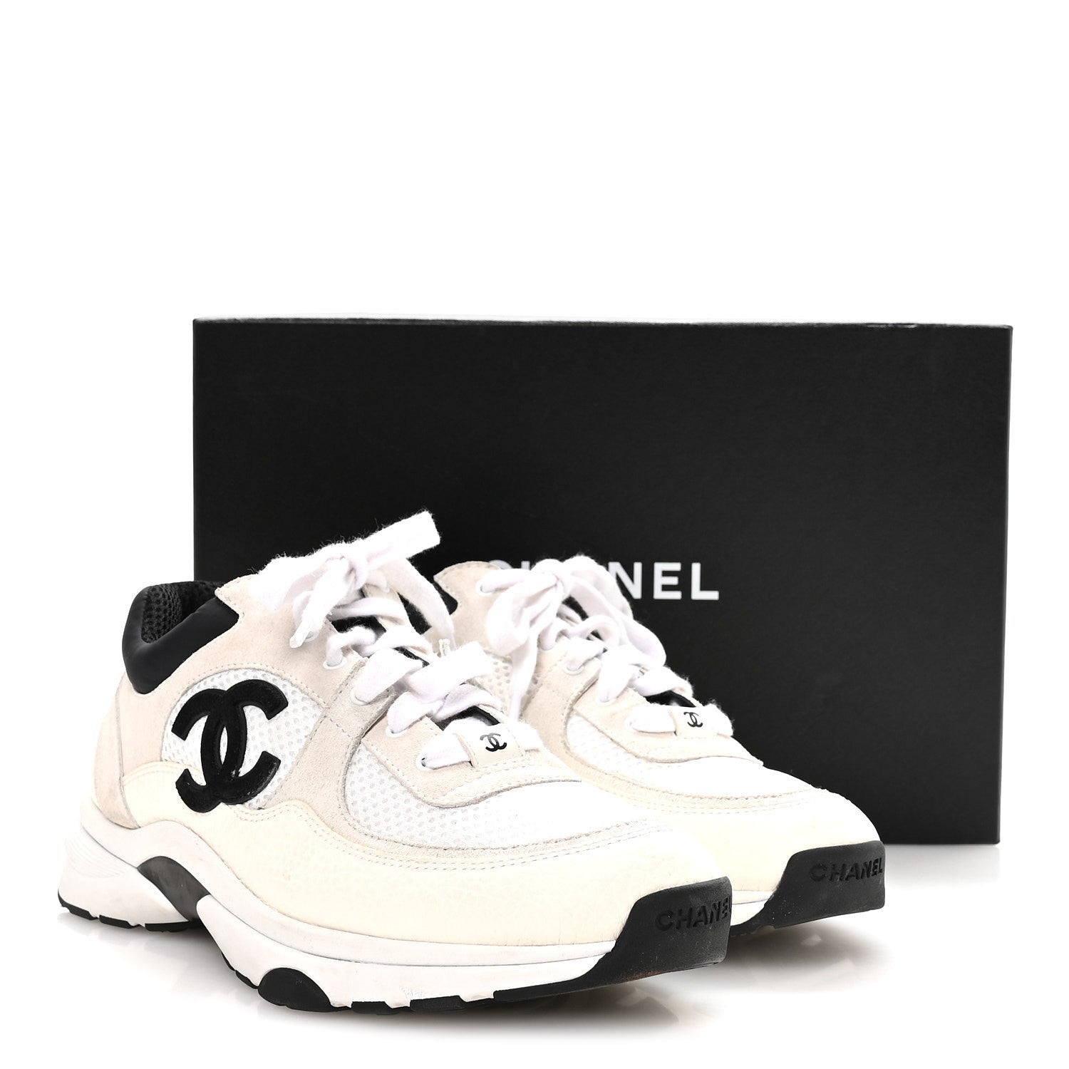 Chanel Mesh Suede Calfskin Grained Calfskin Womens CC Sneakers 38.5 White Black 9 of 9