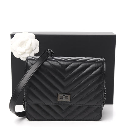Chanel Aged Calfskin Chevron Quilted Reissue 2.55 Square Wallet On Chain WOC So Black 11 of 11