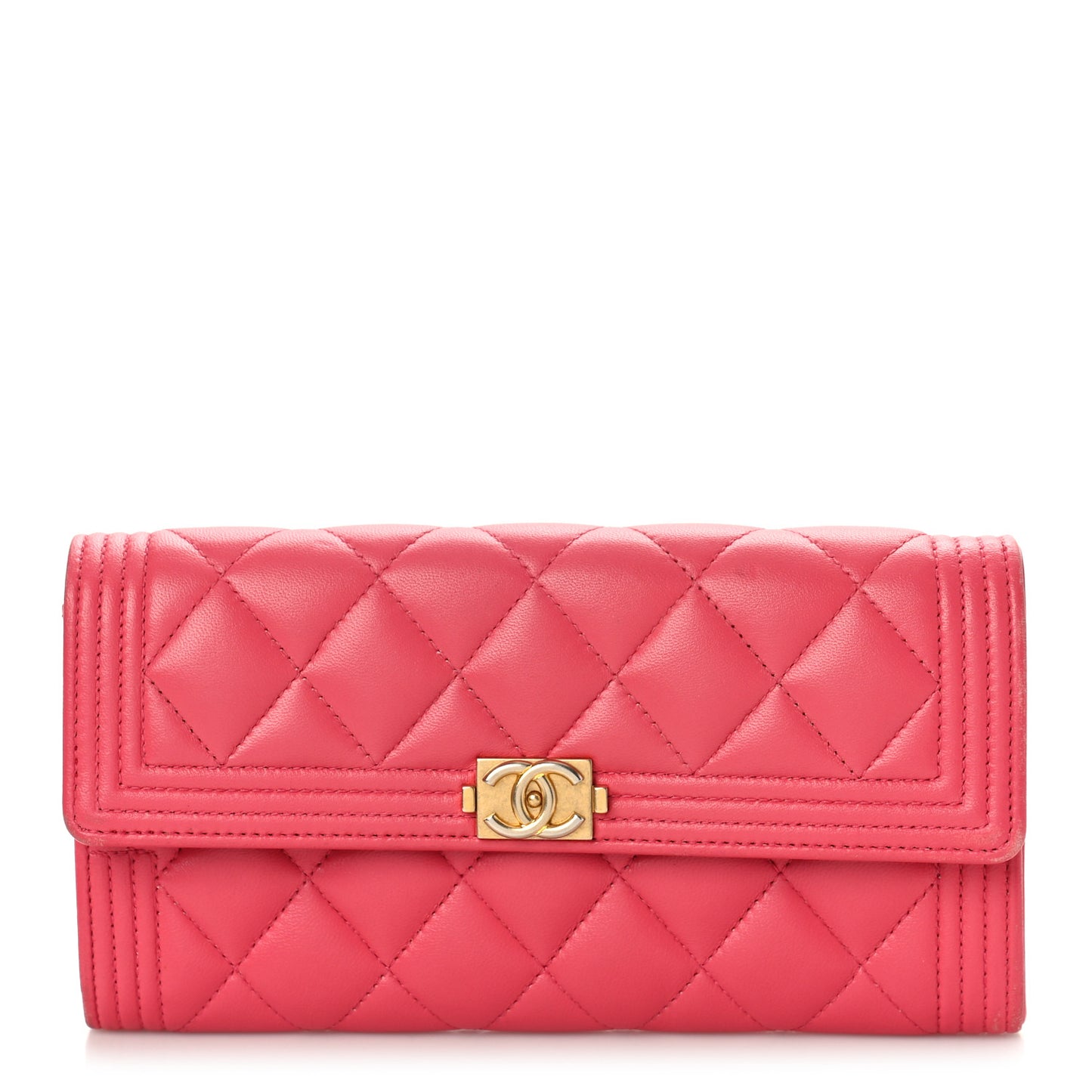 Lambskin Quilted Large Boy Gusset Flap Wallet Pink
