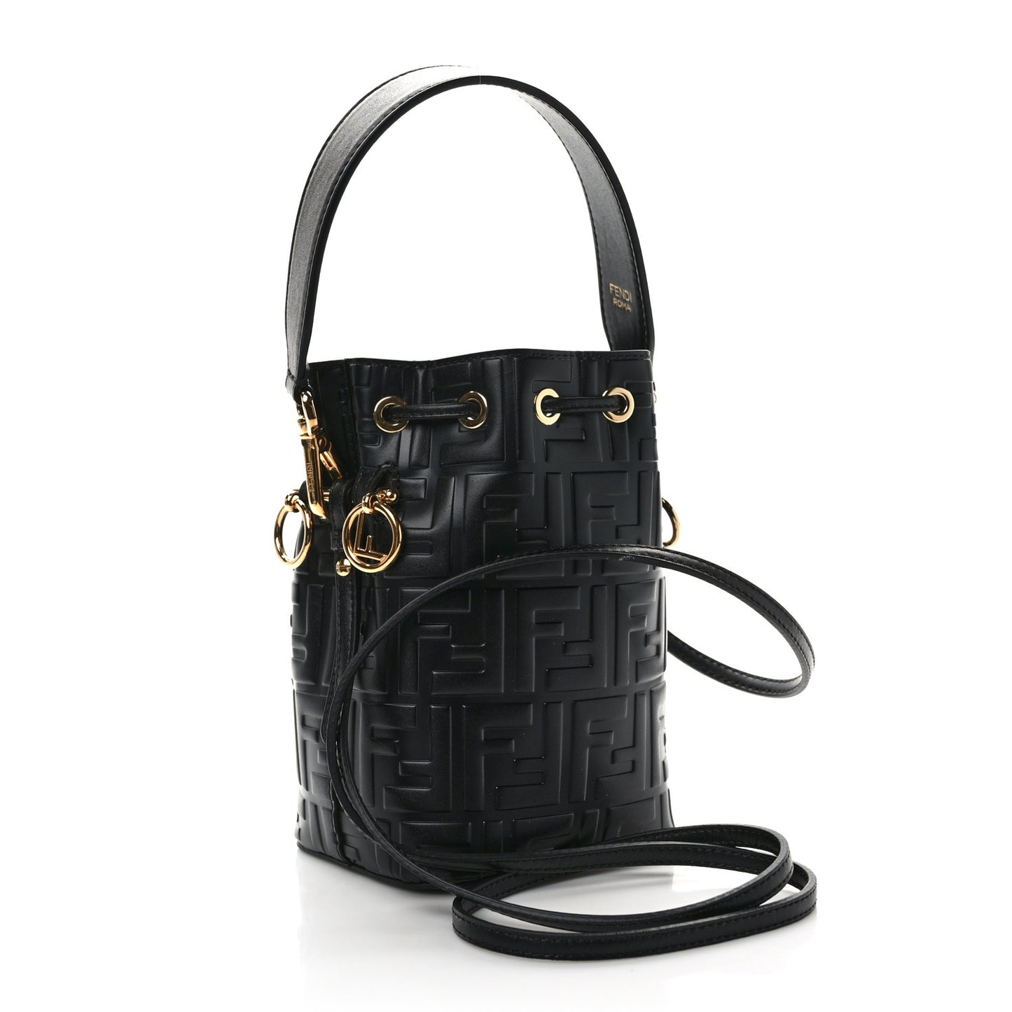 Vitello Liberty F is Fendi FF 1974 Embossed Mini Mon Tresor Bucket Bag Black