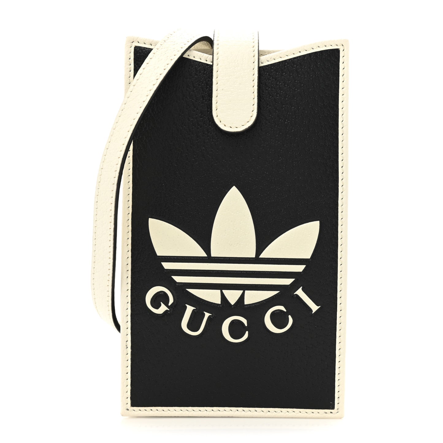 X ADIDAS Textured Dollar Calfskin Trefoil Embossed Phone Crossbody Bag Black Off White