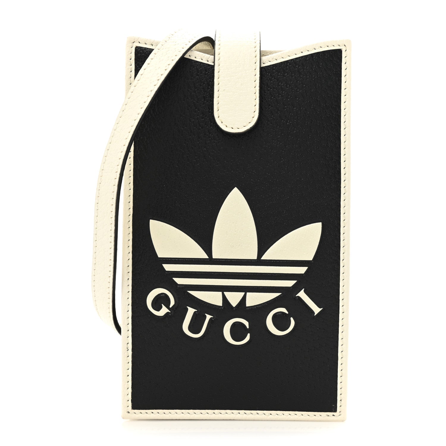 Gucci X ADIDAS Textured Dollar Calfskin Trefoil Embossed Phone Crossbody Bag Black Off White 1 of 13
