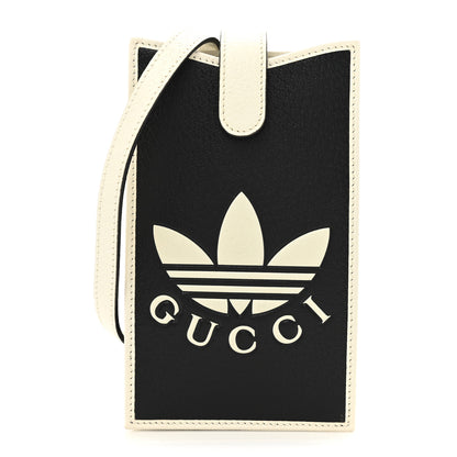 Gucci X ADIDAS Textured Dollar Calfskin Trefoil Embossed Phone Crossbody Bag Black Off White 1 of 13