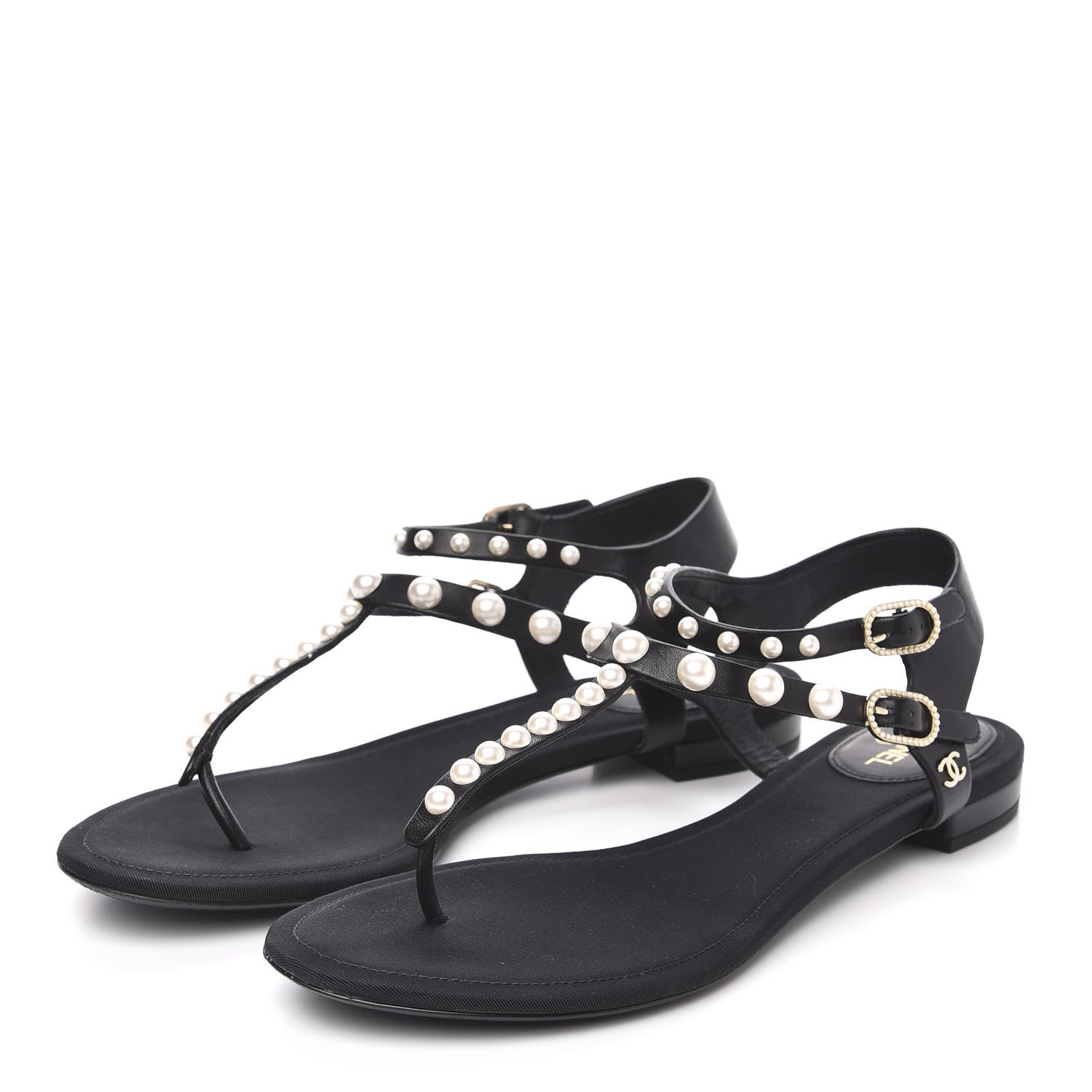 Chanel Lambskin Pearl Thong Sandals 40 Black 3 of 8