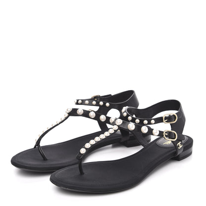 Chanel Lambskin Pearl Thong Sandals 40 Black 3 of 8