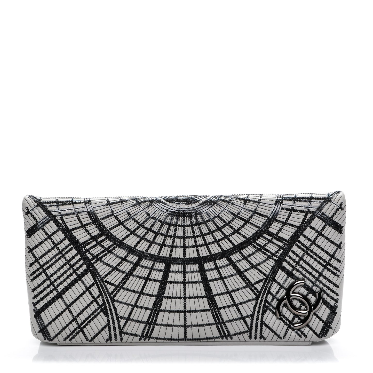 Calfskin Sequin Embellished Clutch Flap Grey Black