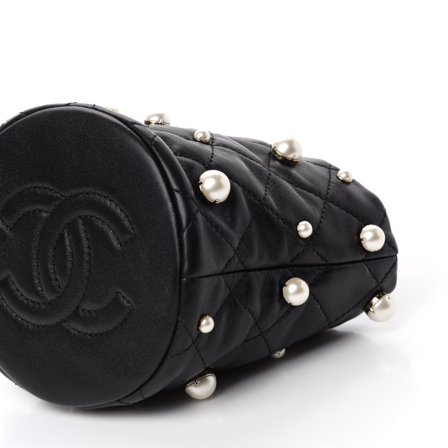 Lambskin Quilted Pearl Mini About Pearls Drawstring Bag Black