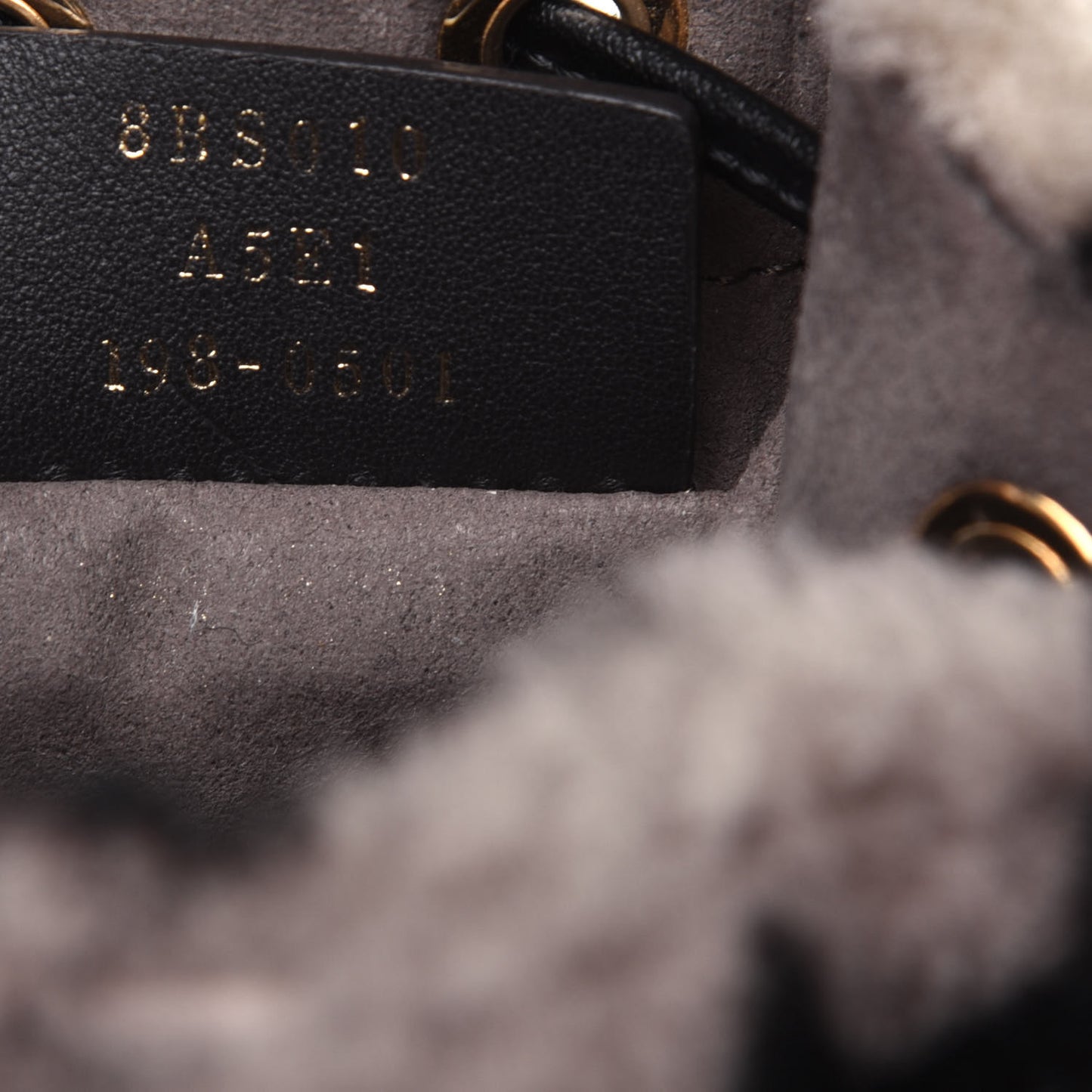 Shearling F is Fendi Macro FF 1974 Diagonal Mini Mon Tresor Bucket Bag Dove Black