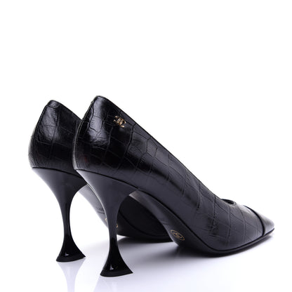 Chanel Crocodile Embossed Crumpled Patent Cap Toe Pumps 39.5 Black 3 of 13