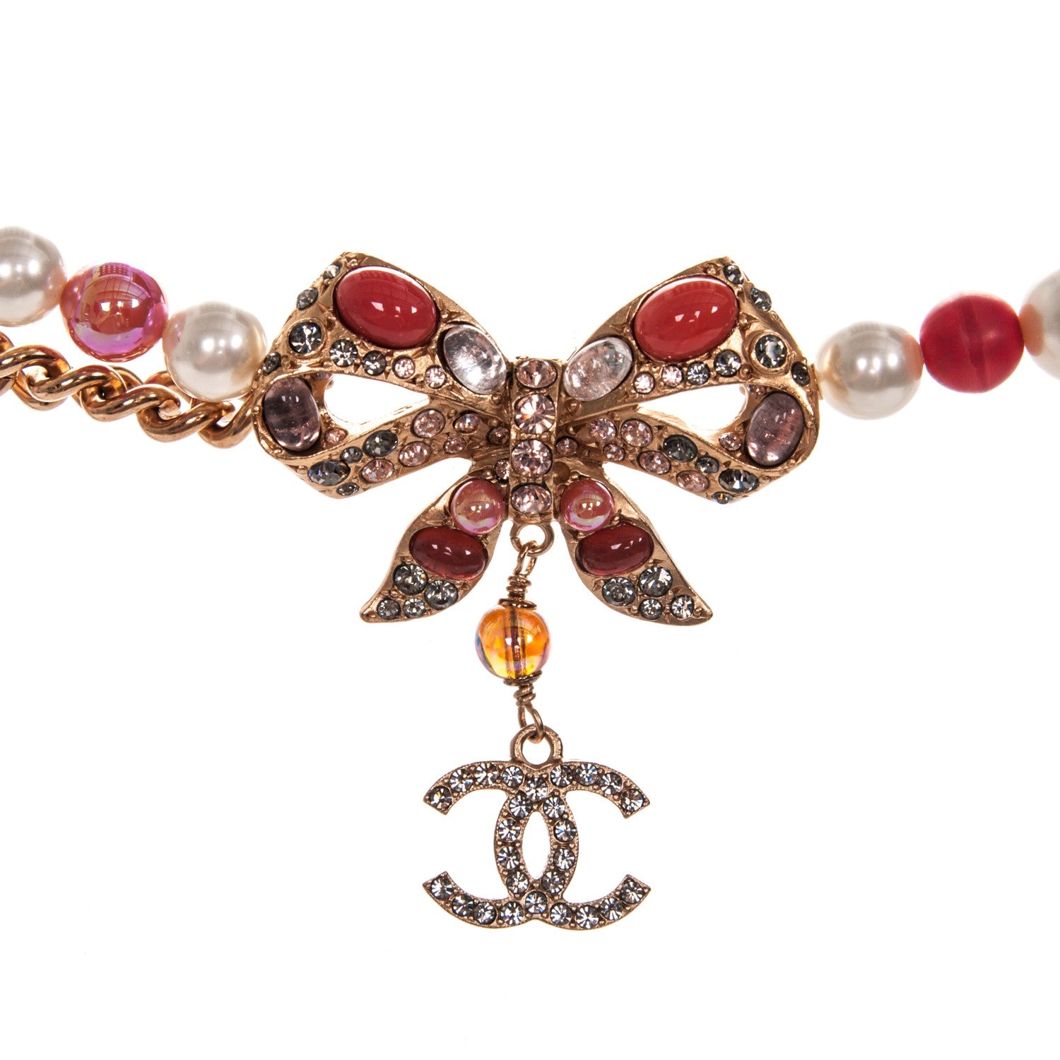 Chanel Pearl Crystal Bow Long Necklace Gold Red 5 of 5