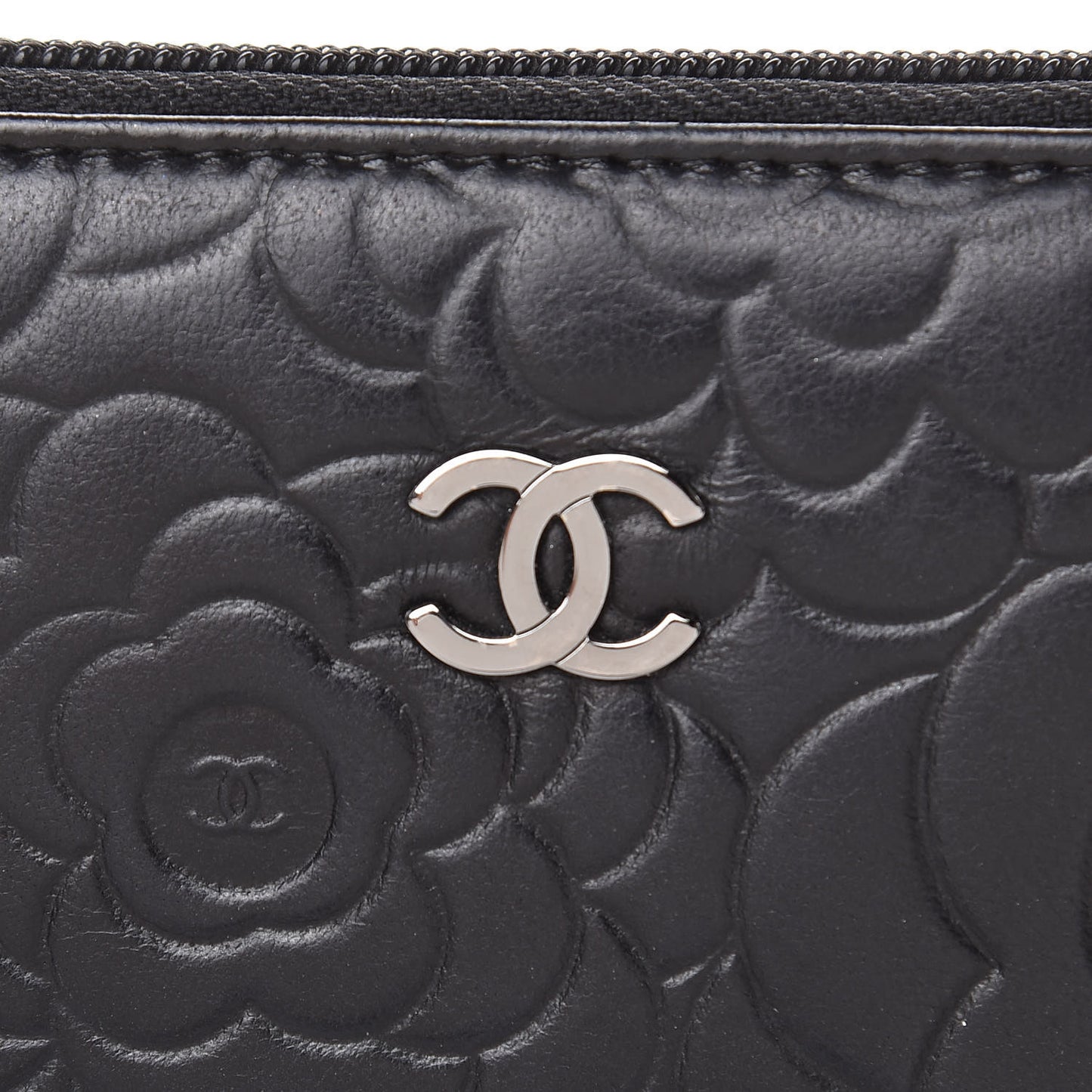 Lambskin Camellia Embossed Zip Around Organizer Wallet Black
