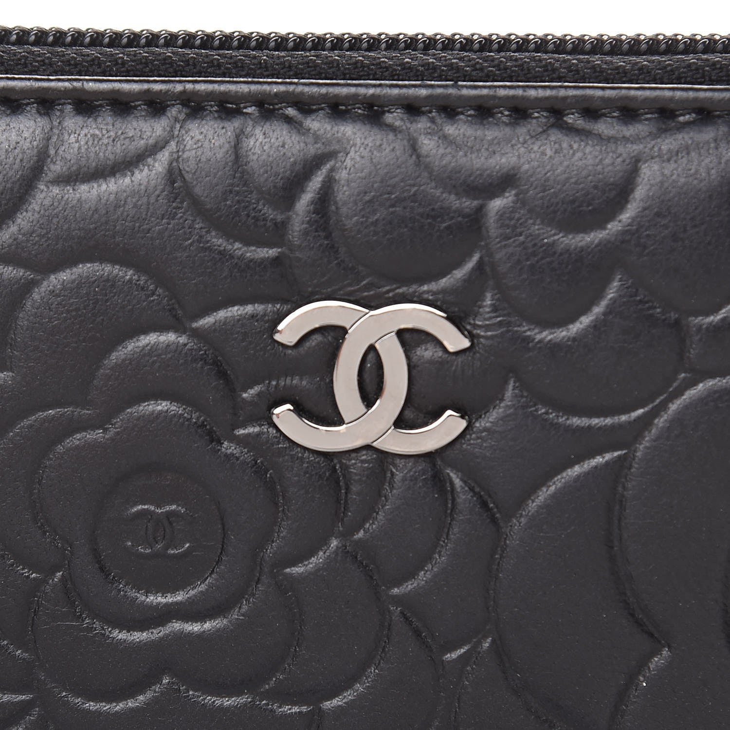 Chanel Lambskin Camellia Embossed Zip Around Organizer Wallet Black 10 of 15