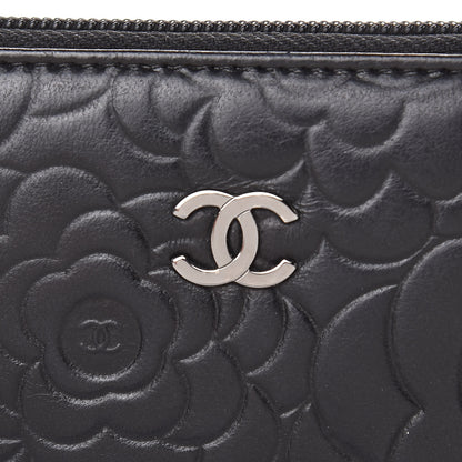 Chanel Lambskin Camellia Embossed Zip Around Organizer Wallet Black 10 of 15