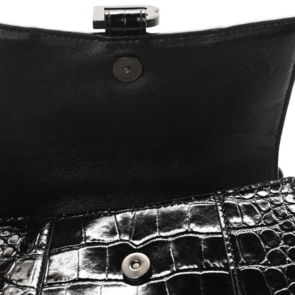 Balenciaga Shiny Calfskin Monochrome Crocodile Embossed Hourglass Top Handle Bag XS Black 9 of 9