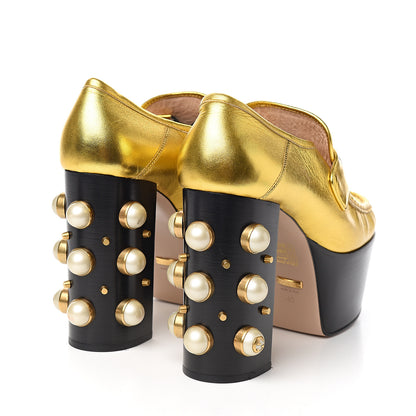 Gucci Malaga Kid Pearl Studded Vegas Platform Loafers 40 Gold 4 of 10