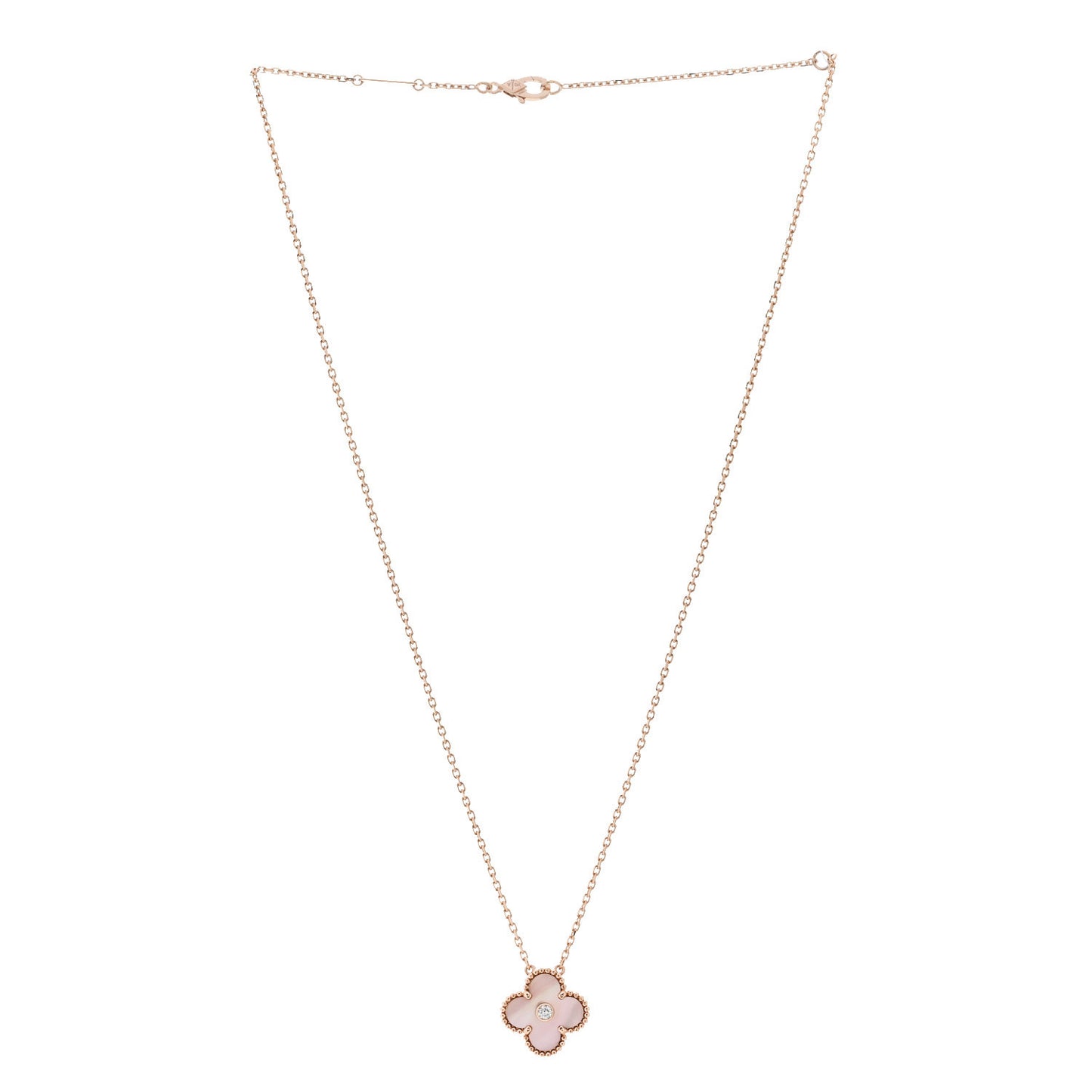 18K Rose Gold Diamond Pink Mother of Pearl Vintage Alhambra Pendant Necklace